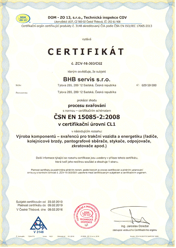 Certifikát ČSN EN 15085 -2:2008