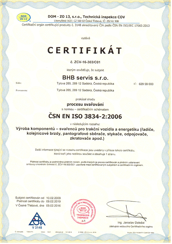 Certifikát ČSN EN ISO 3834-2:2006